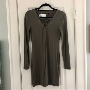 Tie Up V Neck Long Sleeve Dress